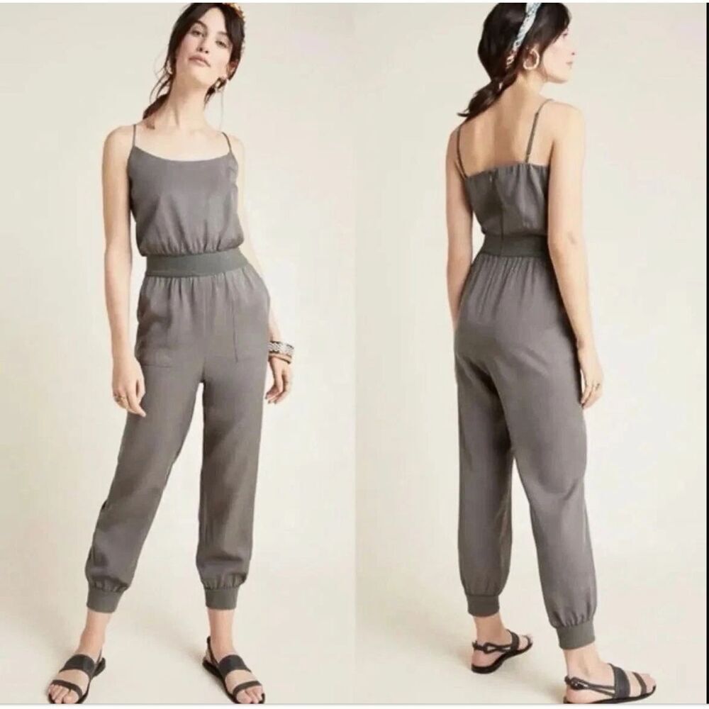 Anthropologie Nisa Olive Green Spaghetti Strap Blouson Jogger Jumpsuit Size L